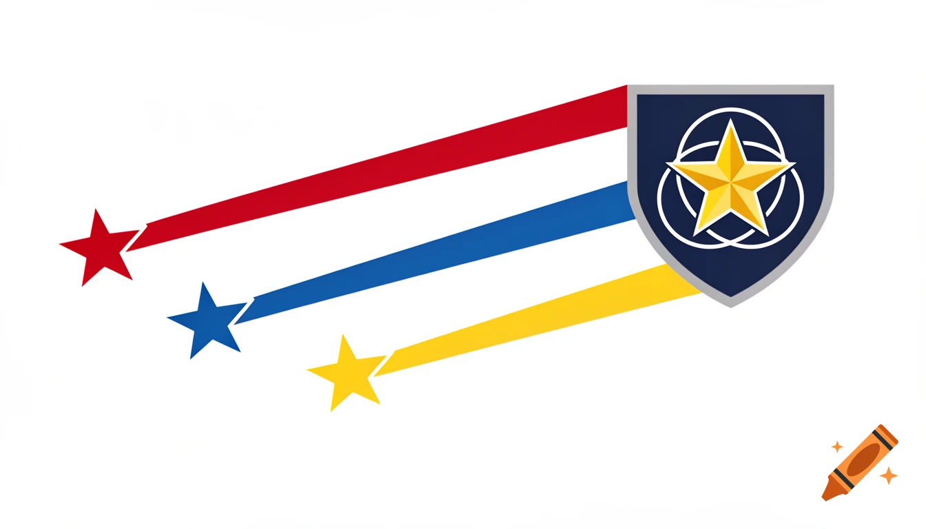A graphic emblem with three red, blue, and yellow stars leaving trails towards a dark blue shield containing a gold star and white circles.
