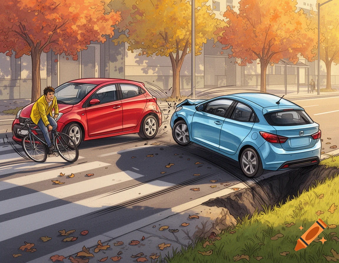 An illustration of a car accident on an autumn street. A red car is near a bicyclist, and a blue car has swerved into a ditch.