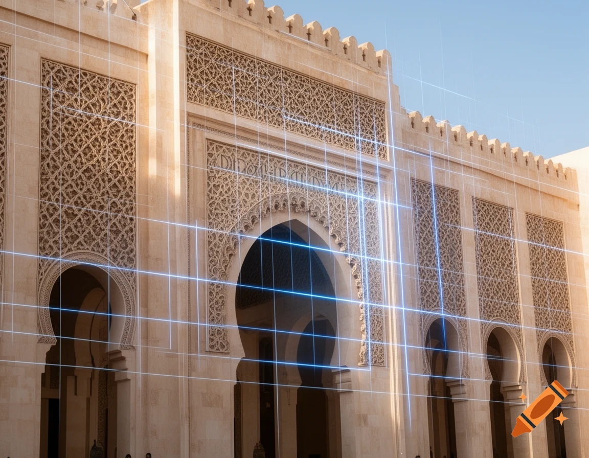 An ornate light-colored building in Islamic architectural style, featuring intricate patterns and arches, overlaid with glowing blue digital grid lines under a clear sky.