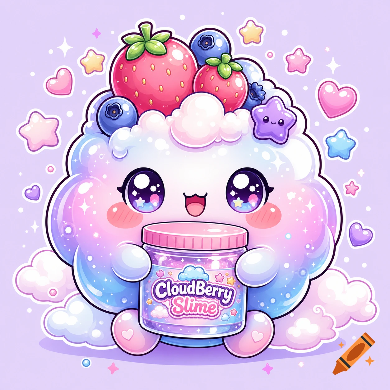 A smiling kawaii cloud mascot in pastel colors, topped with strawberries and blueberries, holding a 'CloudBerry Slime' jar, surrounded by stars and hearts.