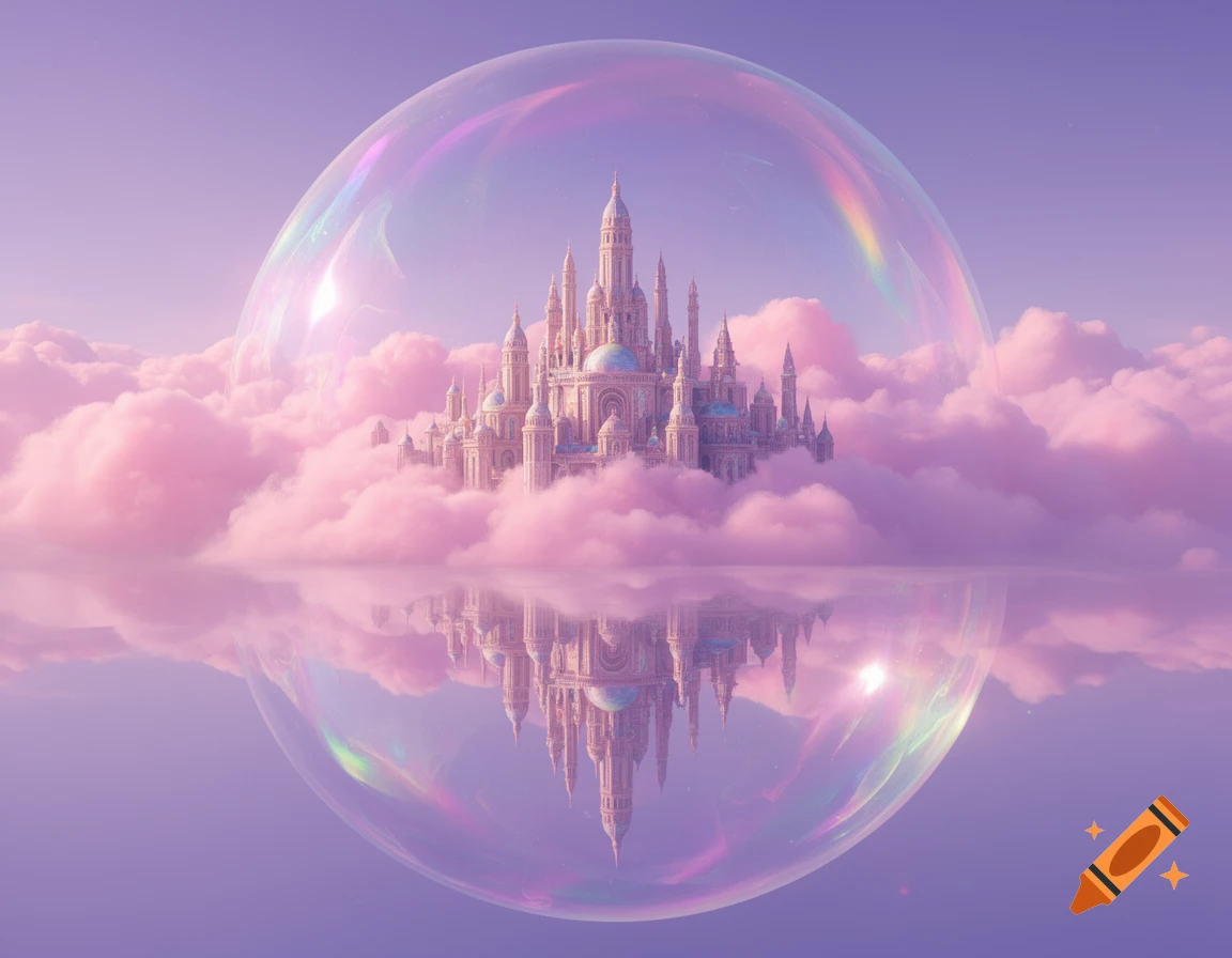 A magical castle floats in pink clouds inside a shimmering iridescent bubble, reflected on water under a purple sky.