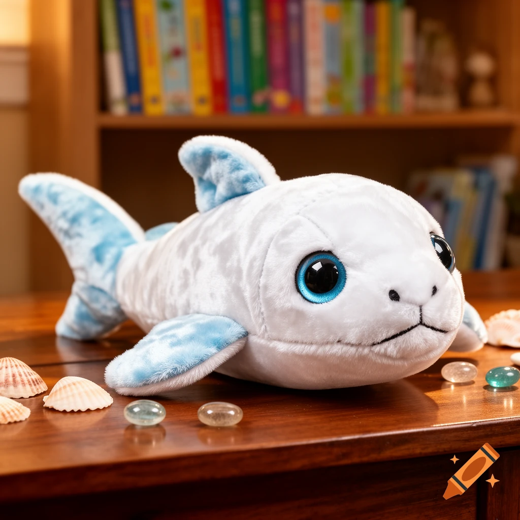 A white and blue plush toy stingray on a wooden table with seashells, glass pebbles, and a blurry bookshelf in the background.