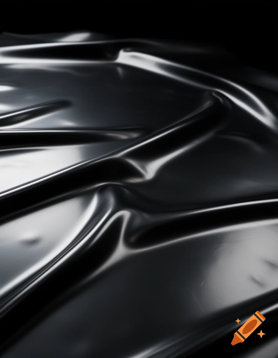 Close-up of crumpled black shiny latex fabric with reflective highlights and deep shadows.