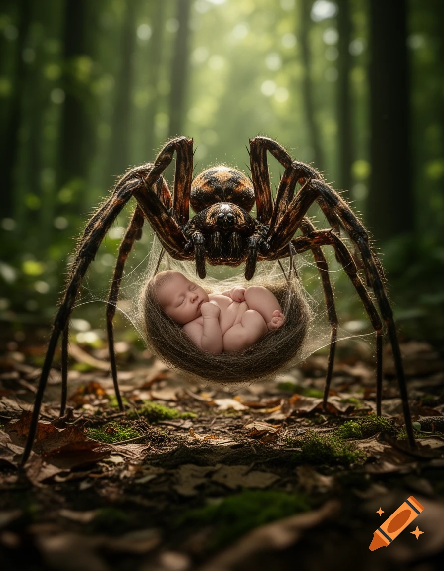 A giant, photorealistic spider gently holds a sleeping baby in a delicate web cradle on the forest floor.