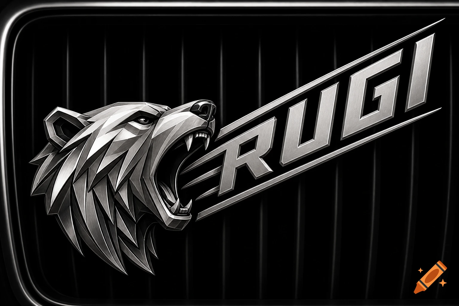 A stylized metallic bear head with its mouth open, roaring the word "RUGI" in bold, angular letters, set against a black car grille.