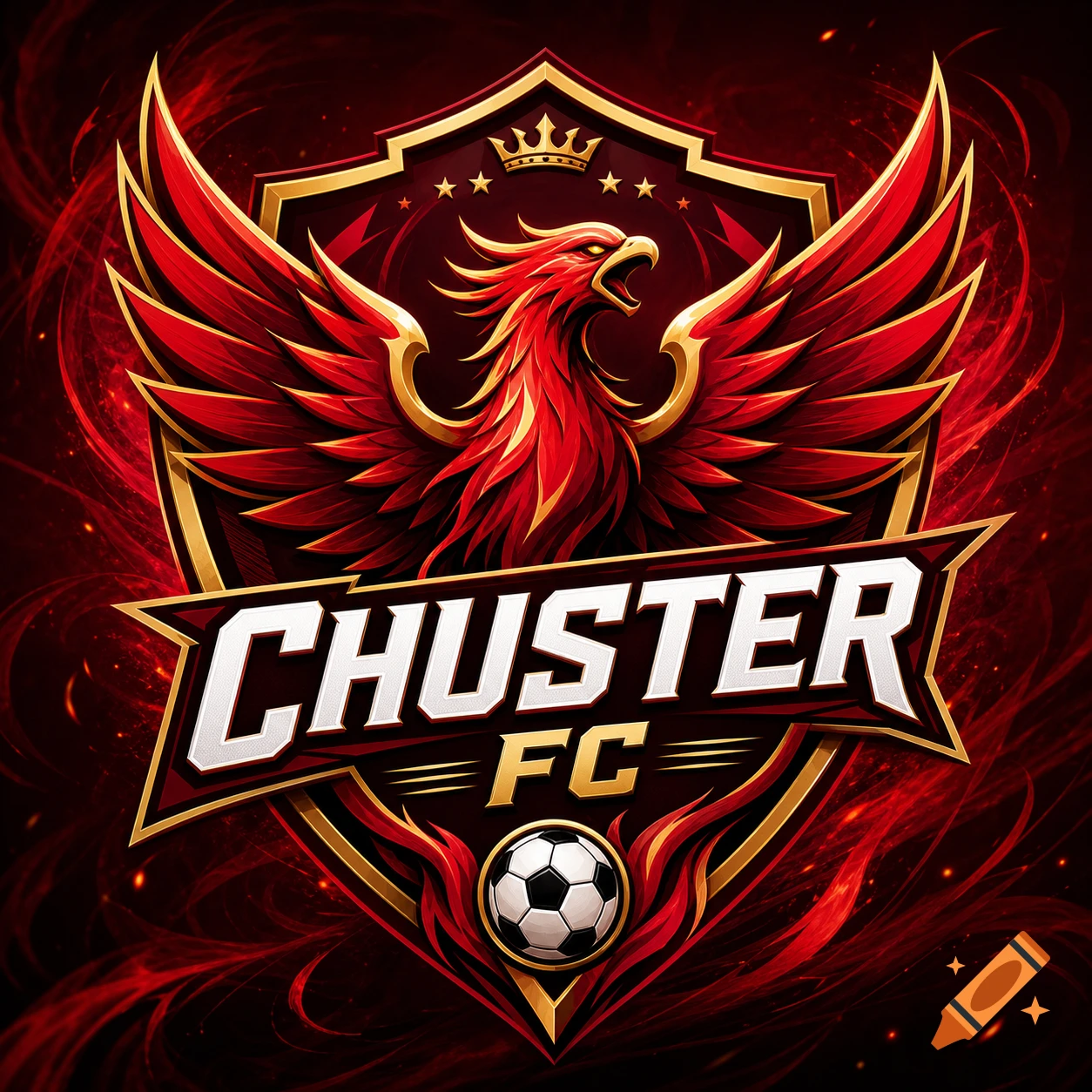 A vibrant red and gold Chuster FC soccer team logo featuring a fierce phoenix, shield, crown, stars, and a soccer ball.