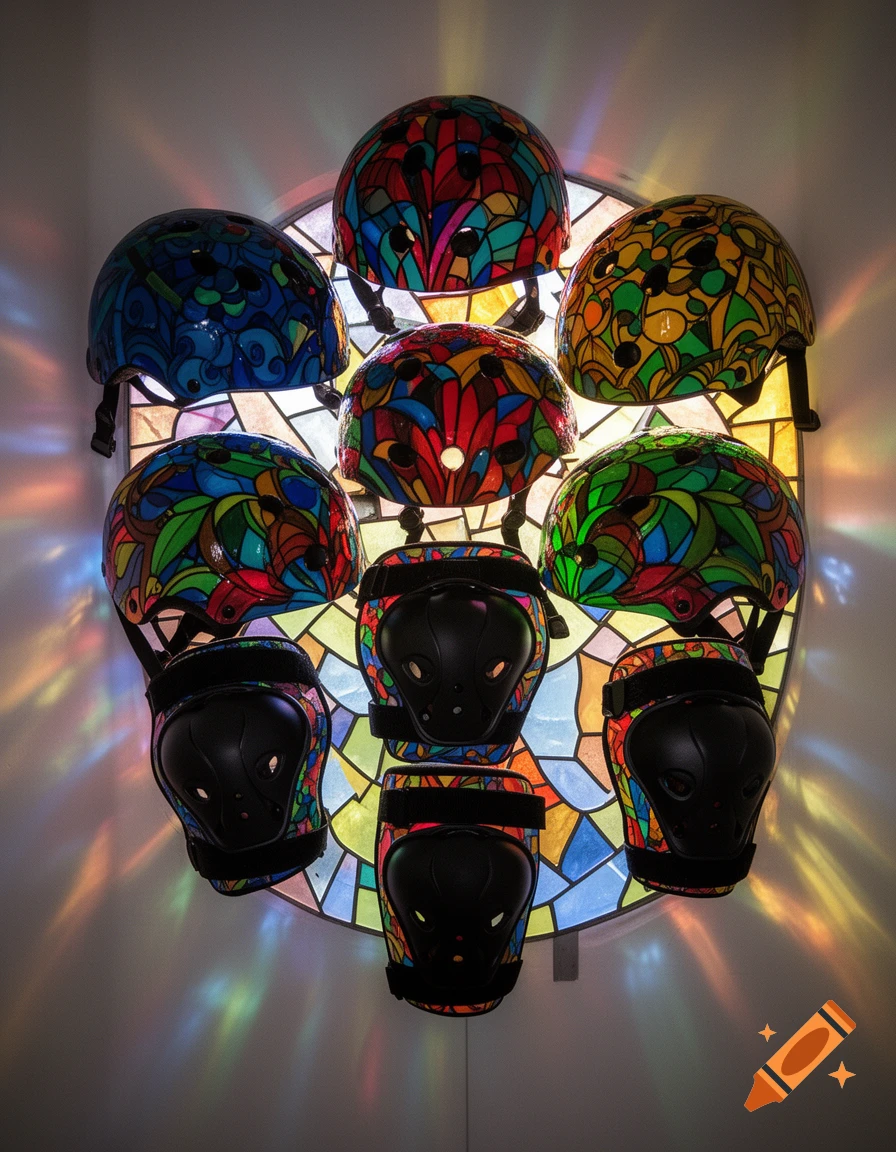 Vibrant skate helmets and protective gear in a stained-glass style, casting colorful light patterns on a wall.