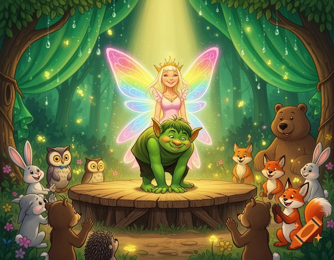 A vibrant children's illustration of a green troll bowing on a stage, watched by a smiling fairy queen and cheering forest animals in a magical forest.