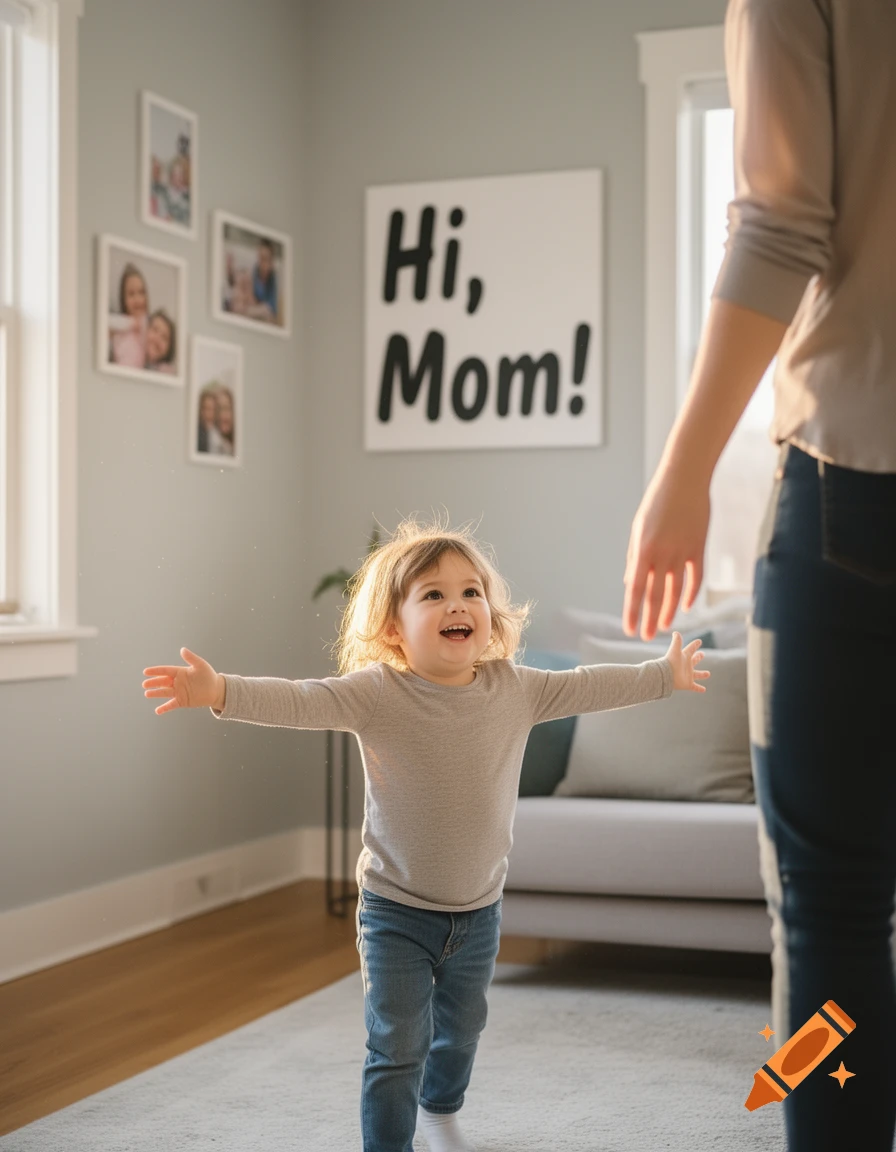 A smiling toddler with outstretched arms walks toward an adult in a bright living room, a 'Hi, Mom!' sign on the wall.