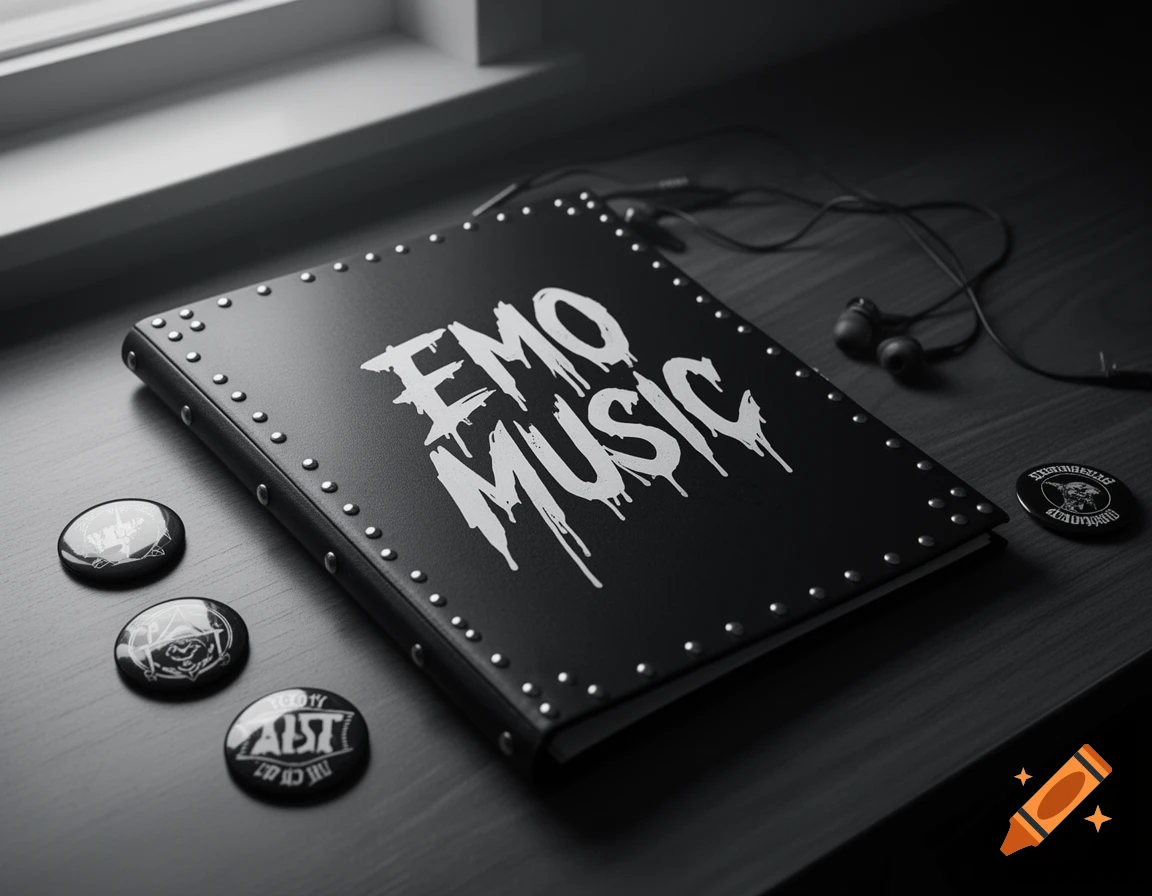 A black studded folder with 'EMO MUSIC' in dripping white text, surrounded by black pin badges and earphones on a dark wooden surface.