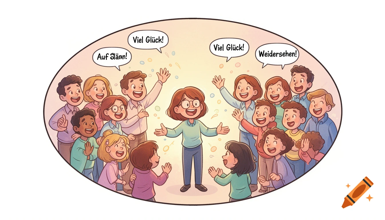 Cartoon illustration of a diverse group of adults and children saying goodbye to a central female figure, with speech bubbles.