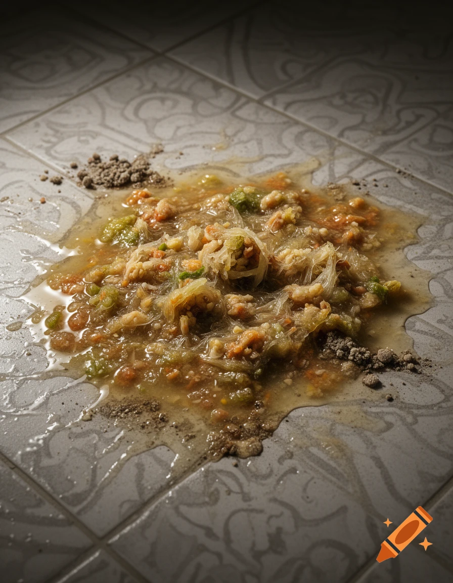 A close-up of chunky, yellowish-green vomit on a gray tiled floor, illuminated by a dim light.