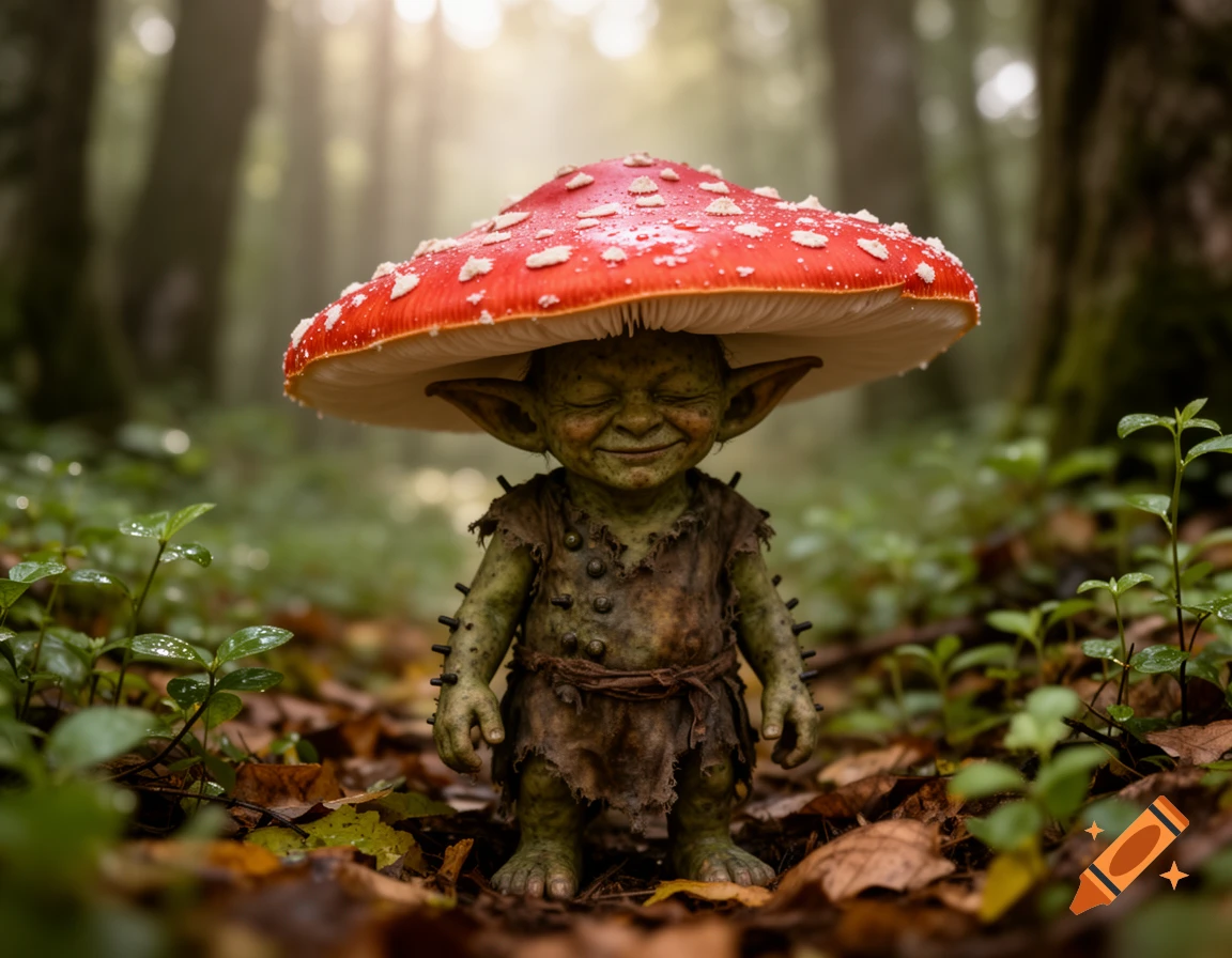 A small green goblin-like creature with closed eyes smiles under a large red and white mushroom hat in a misty forest.