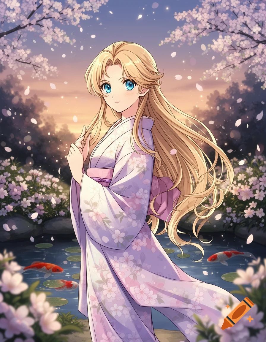 An anime woman with long blonde hair and blue eyes wearing a lavender kimono, standing in a cherry blossom garden by a koi pond.