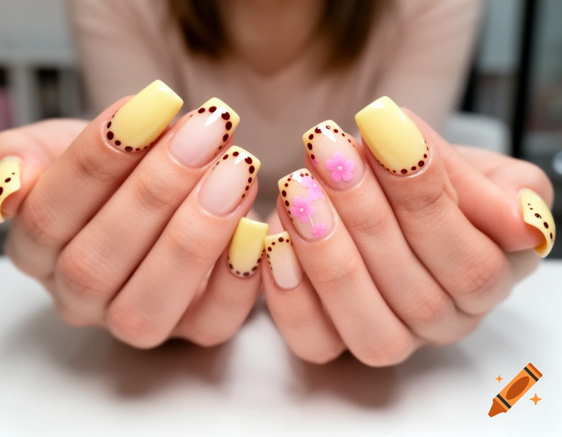 Close-up of hands with light yellow and French manicure nails, decorated with reddish-brown dots and pink flowers on the ring fingers.