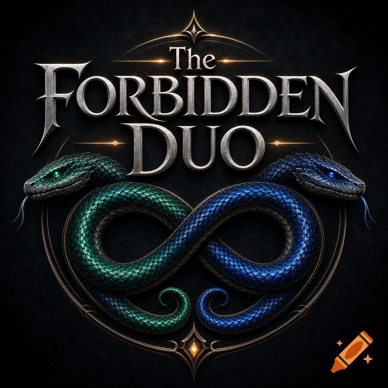 A dark, ornate logo featuring intertwining green and blue snakes forming an infinity symbol, with the metallic text 'The Forbidden Duo' above.