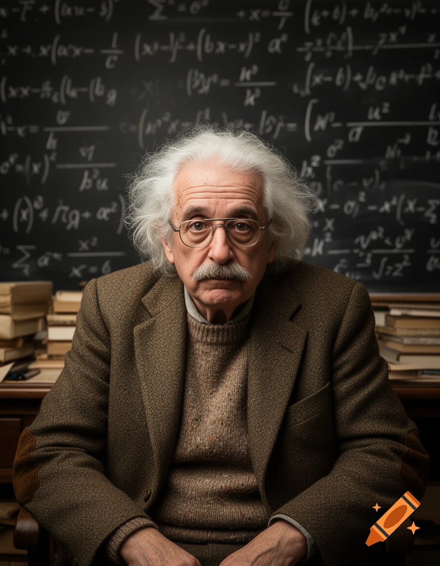 Photorealistic portrait of a grey-haired man with a mustache and glasses, wearing a tweed jacket, in front of a blackboard covered with equations.