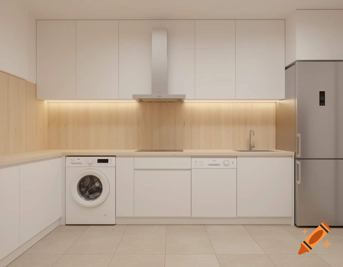 Photorealistic modern kitchen with white cabinets, light birch wood backsplash, and stainless steel appliances, featuring warm under-cabinet lighting.
