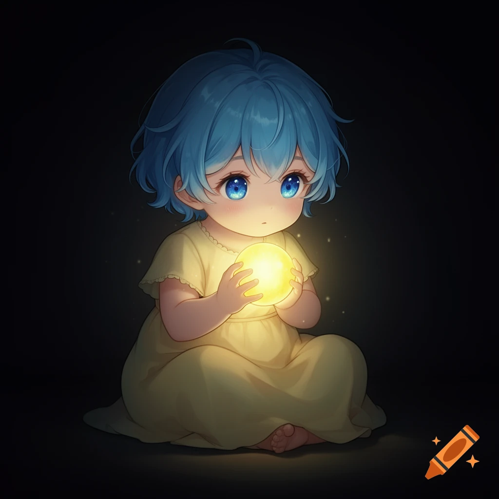 A cute anime baby with short blue hair and blue eyes, wearing a yellow dress, sits in a dark room holding a glowing yellow orb.
