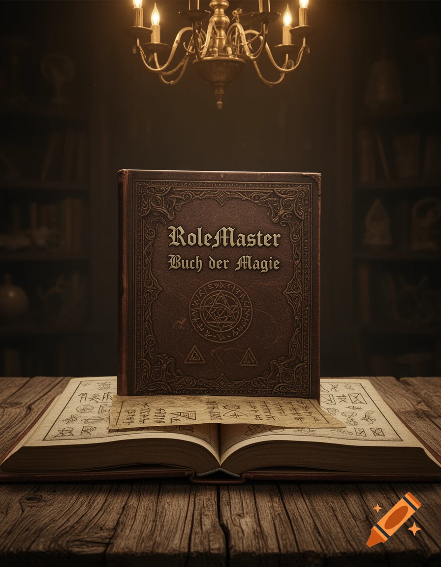 A brown book titled RoleMaster Buch der Magie stands on an open book on a wooden table under a glowing chandelier.