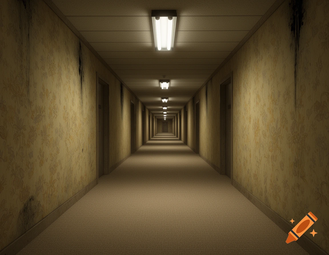 A very long, dimly lit, eerie hallway with yellow floral wallpaper, beige carpet, and fluorescent lights stretching into the distance.