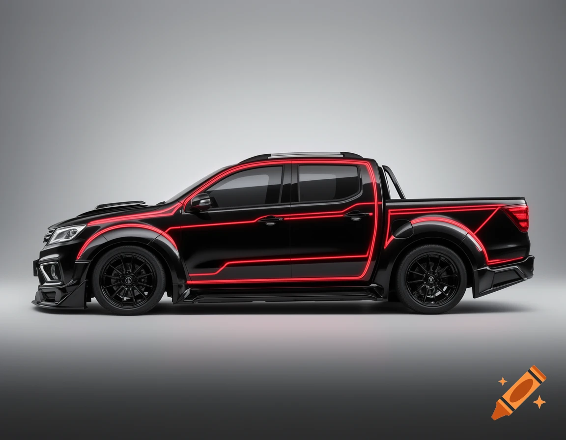 A sleek black pickup truck customized with glowing red Tron-style neon light accents on a neutral grey background.