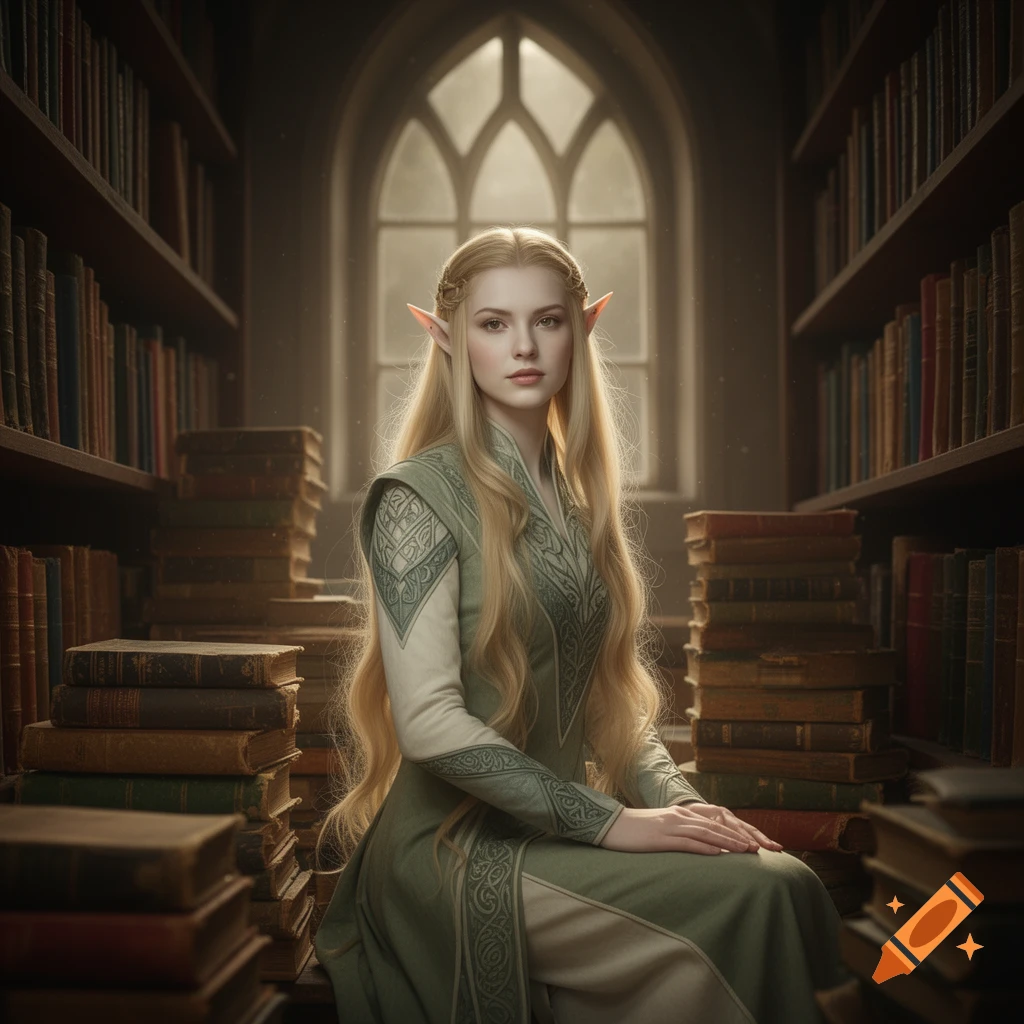 A photorealistic female elf with long blonde hair and pale skin sits in a dim library surrounded by stacks of old books.
