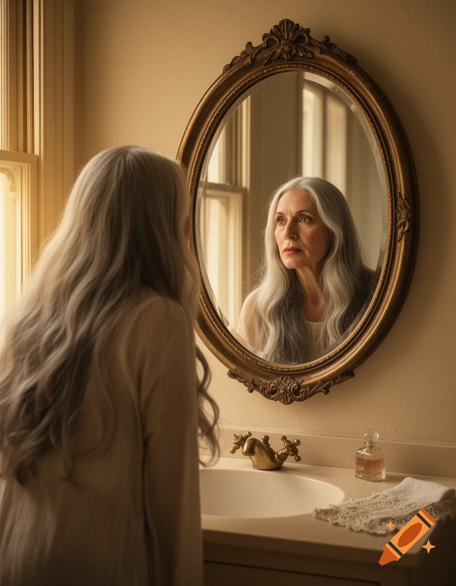 A woman with long gray hair looks at her reflection in an ornate mirror in a warm-toned bathroom.