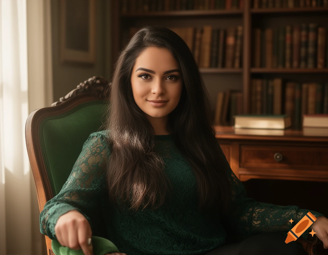 A photorealistic portrait of a young woman with long dark hair, wearing a green lace shirt, sitting in a green armchair in a library.