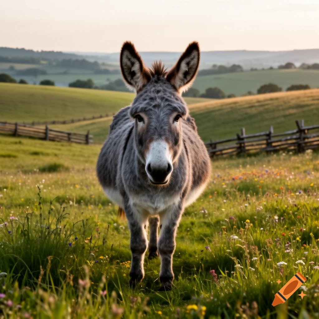 A photorealistic shot of a gray donkey with large ears standing in a sunlit green meadow with wildflowers and a wooden fence.