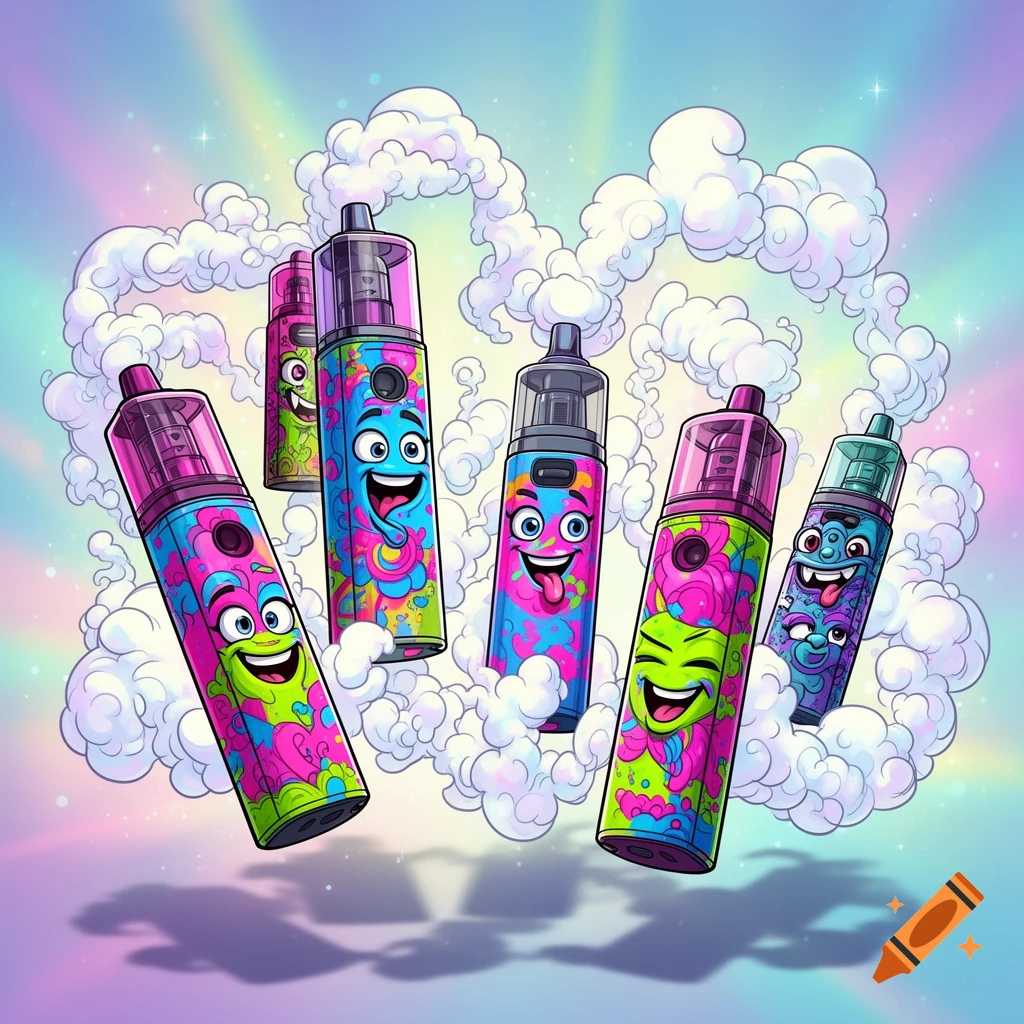 Five brightly colored, cartoon-style vape devices with happy faces float amidst white clouds on a rainbow background.