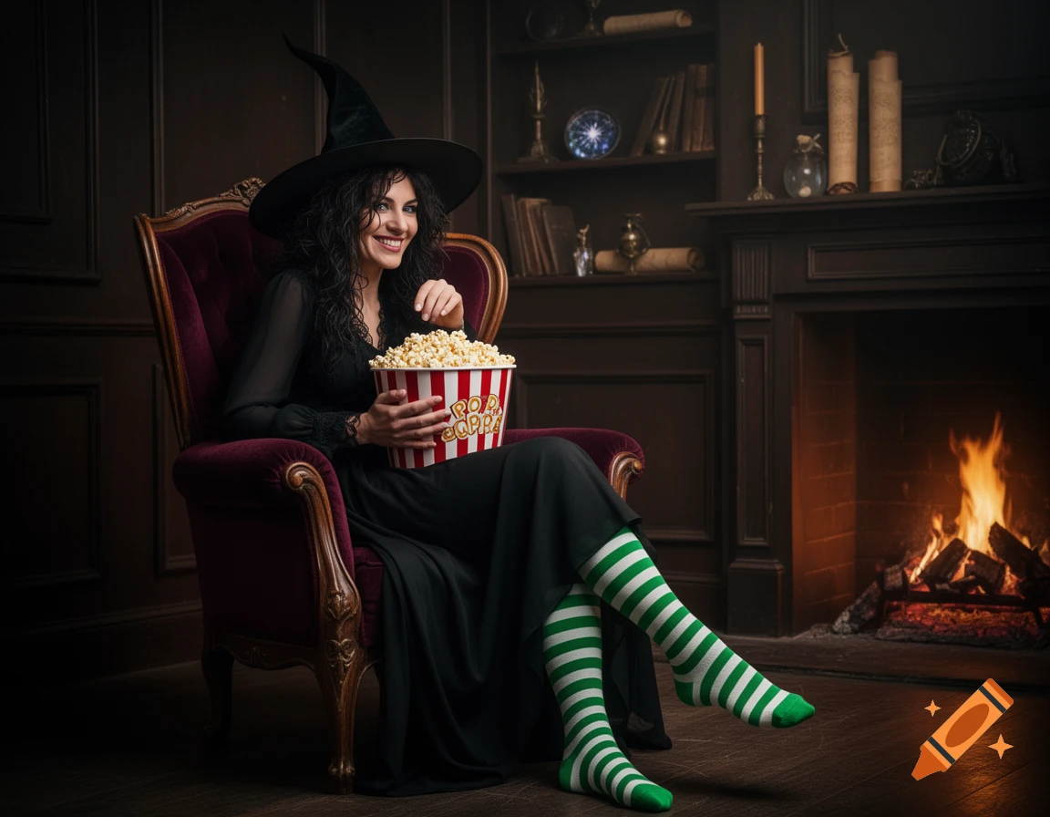 A smiling witch in a black dress and green and white striped socks sits in a red armchair, eating popcorn by a cozy fireplace.