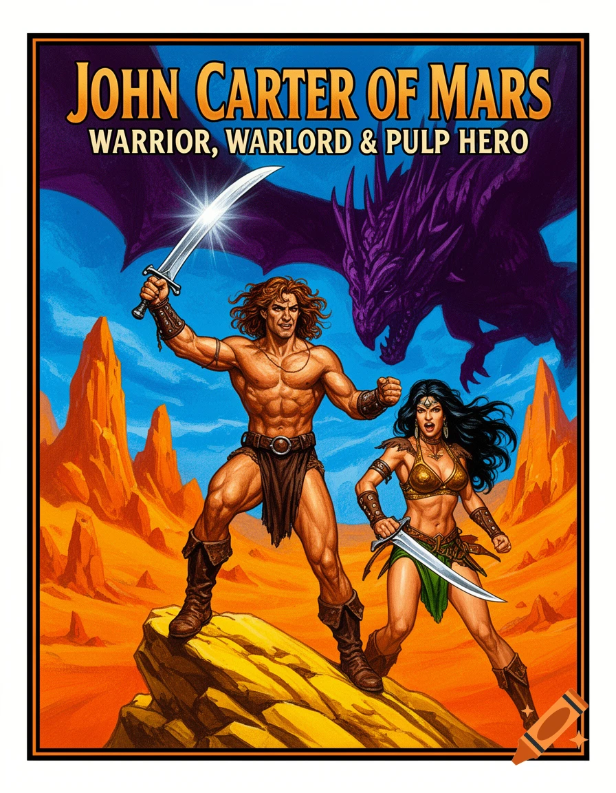 Pulp art of a muscular male warrior and a fierce female warrior with swords in a desert, a dragon shadow overhead. Text: JOHN CARTER OF MARS, Warrior, Warlord & Pulp Hero.