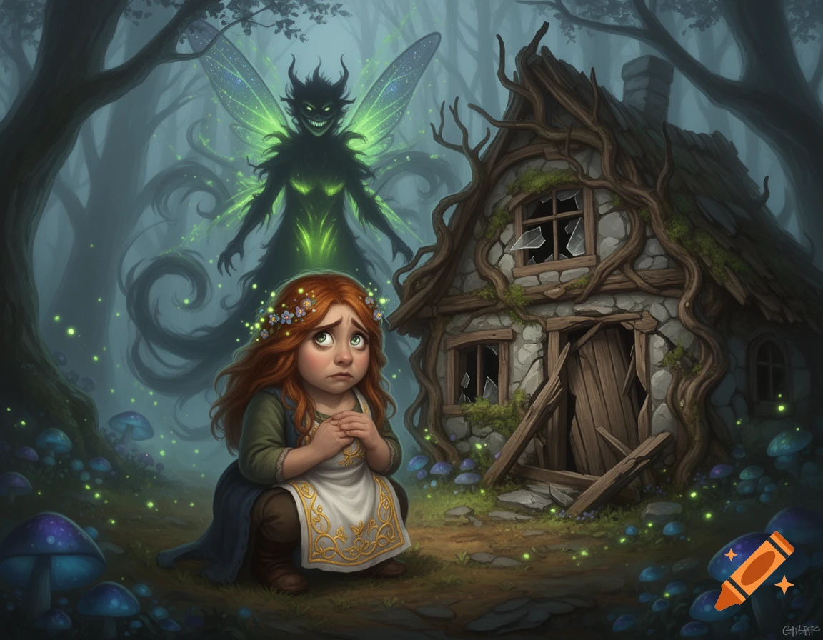 A scared red-haired girl with a flower crown kneels before a spooky green fairy in a dark forest with a broken cottage.