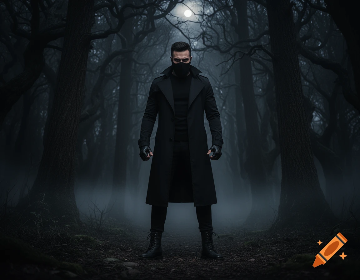 A masked man in a black trench coat stands menacingly in a dark, foggy forest under a full moon, photorealistic.