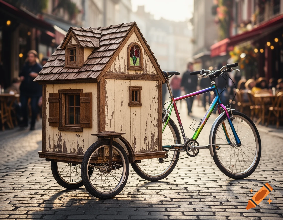 A colorful bicycle pulls a miniature weathered wooden house on a cobblestone street with a blurred city background.
