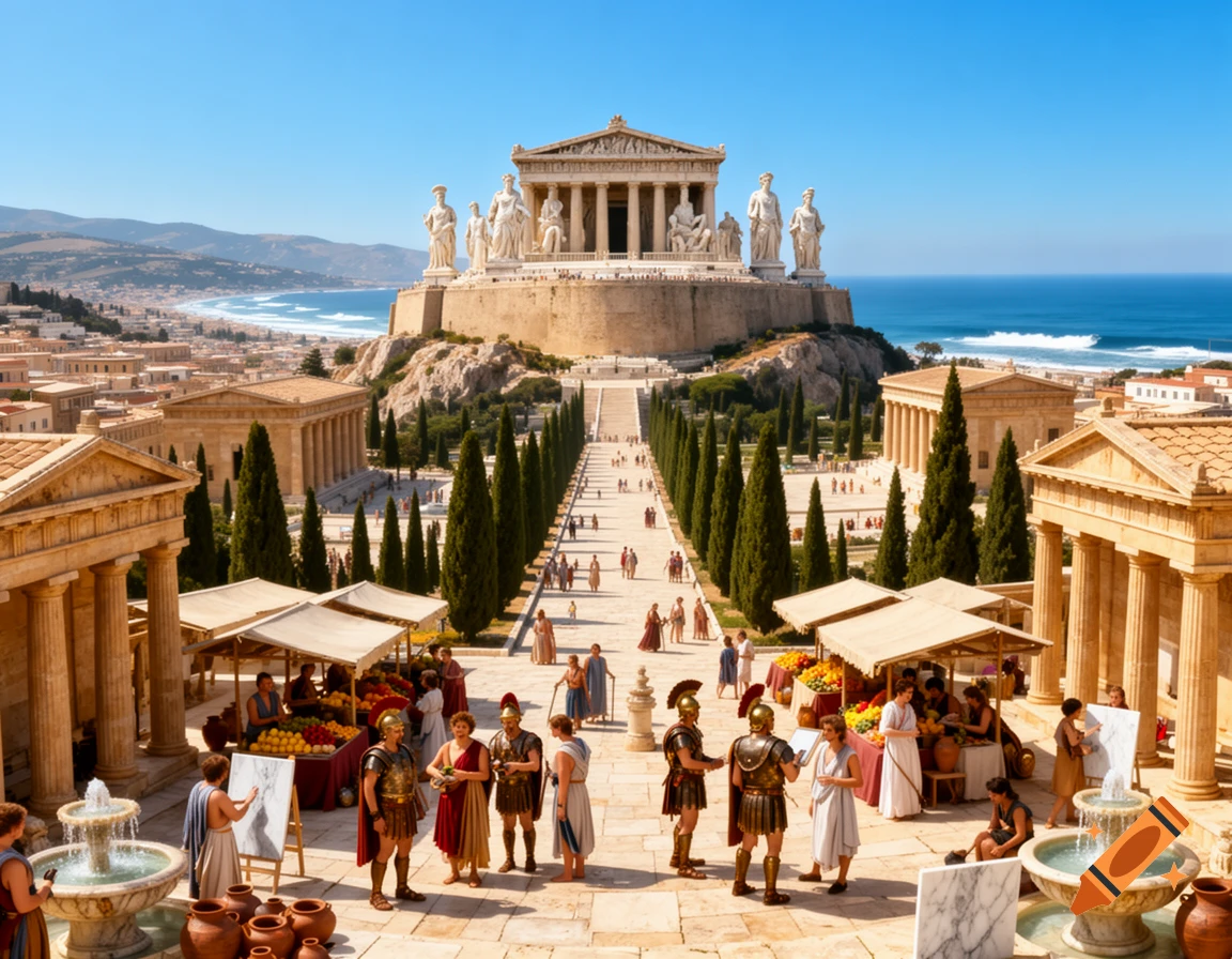A vast ancient Greek city with a grand temple on a hilltop, market activity below, and a clear blue sea in the distance under a sunny sky.