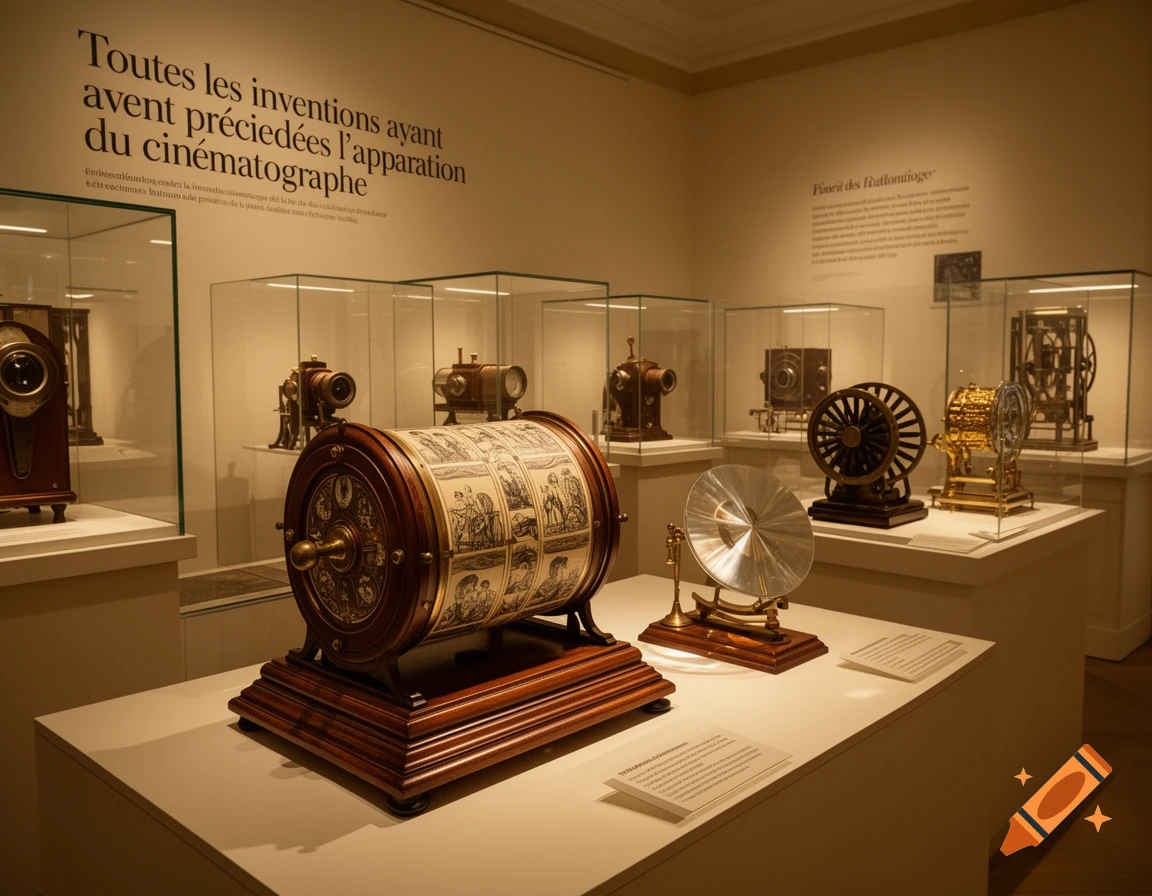 A dimly lit museum exhibit showcasing early cinematic inventions. A large wooden cylinder and various antique cameras are displayed in glass cases.