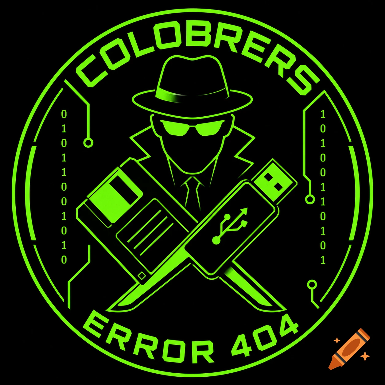 Neon green and black vector logo featuring a secret agent silhouette, crossed floppy disk and USB stick, with 'COLOBRERS ERROR 404' text and binary code.