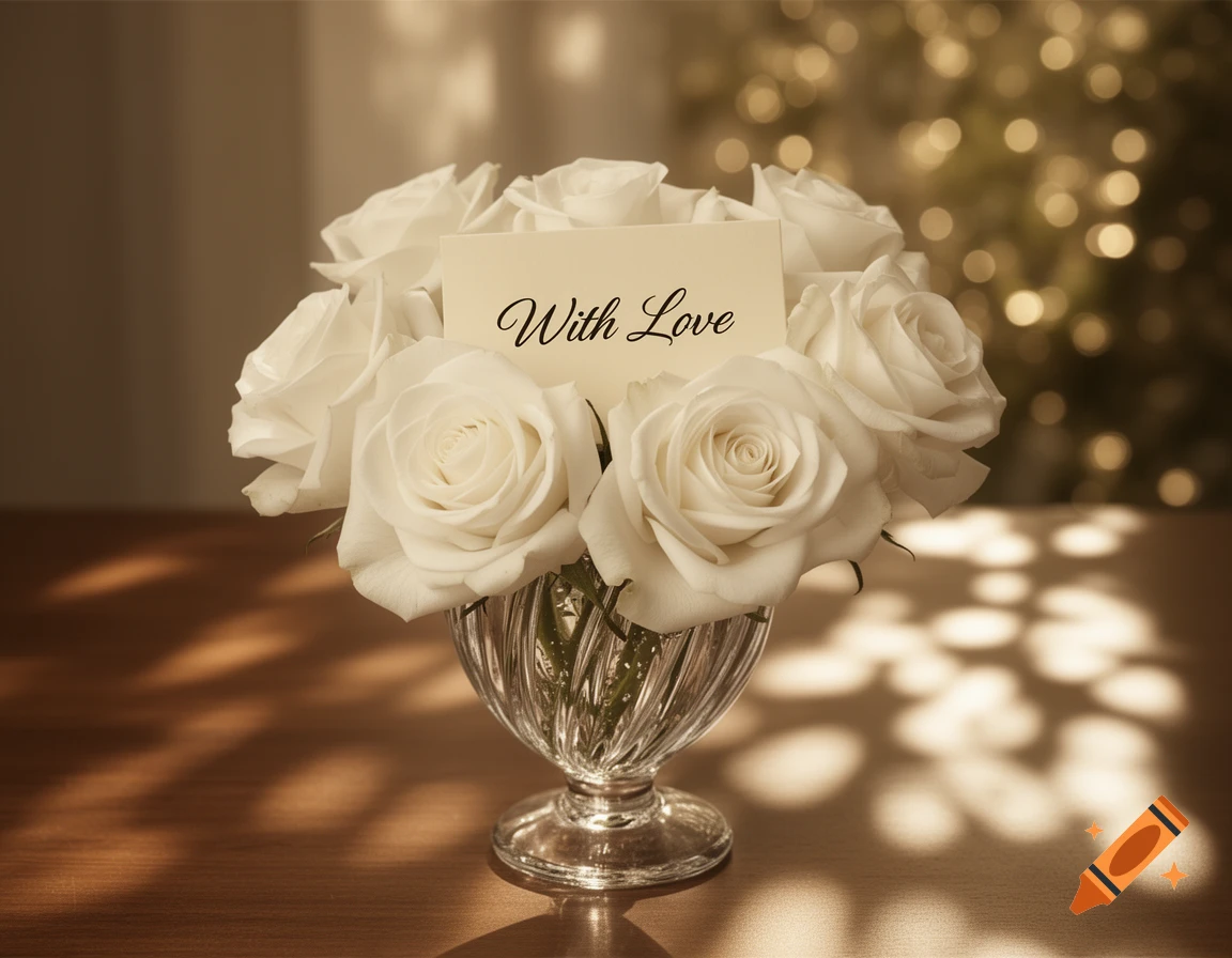 A bouquet of white roses in a clear glass vase on a wooden table with a note reading 'With Love'.