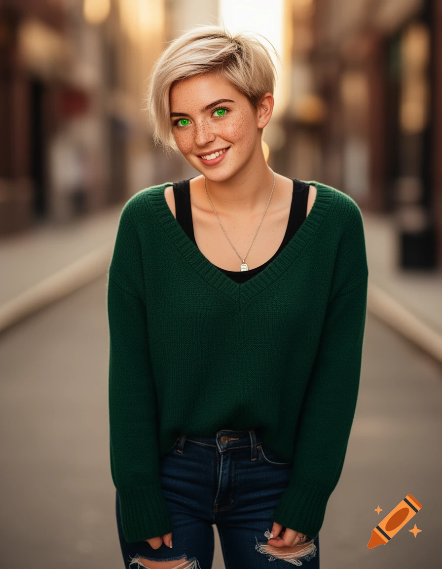 A young woman with short blonde hair, freckles, and green eyes smiles while wearing a green sweater and ripped jeans on a street.