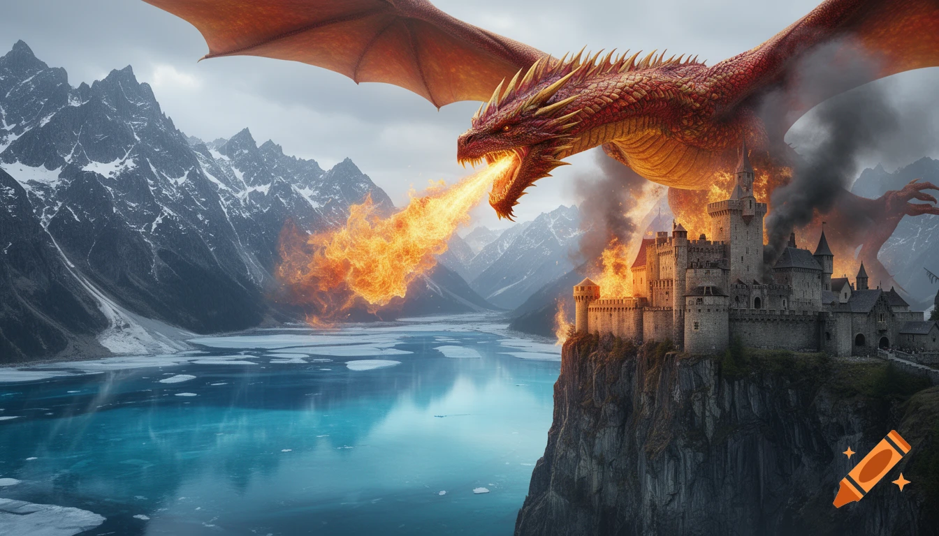 A red dragon breathes fire on a castle on a cliff edge, overlooking a frozen mountain lake under a cloudy sky.