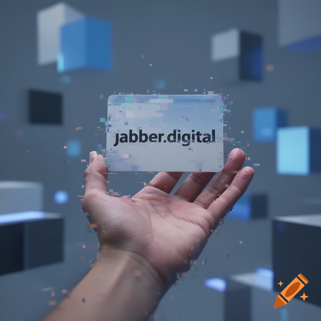 A hand holds a translucent card with glitching 'jabber.digital' text, surrounded by abstract blue and grey cubes.