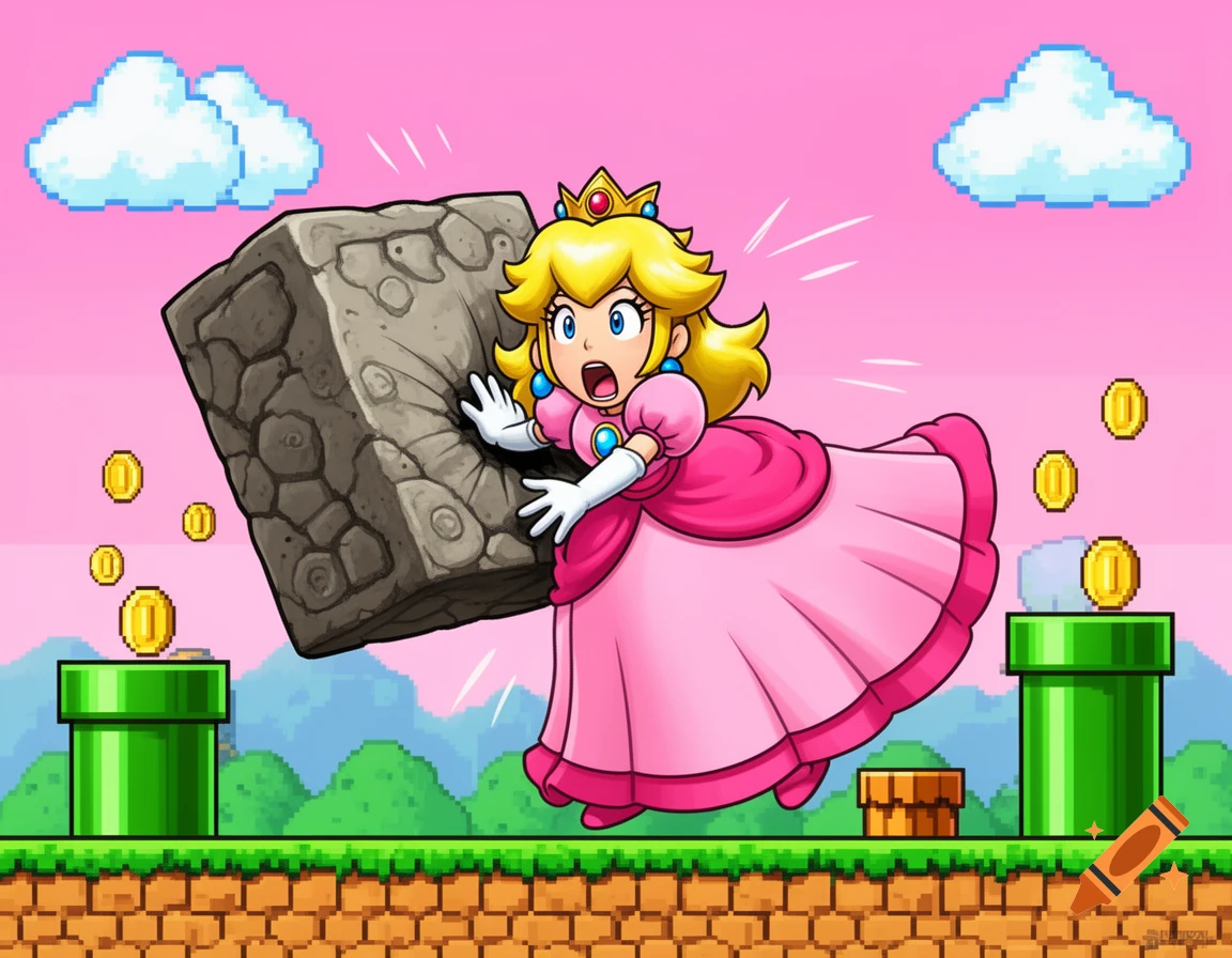 Princess Peach in a pink dress with a crown, wide-eyed and shocked, being crushed by a large grey block in a cartoon Mario-style landscape with green pipes, gold coins, and pixelated clouds.