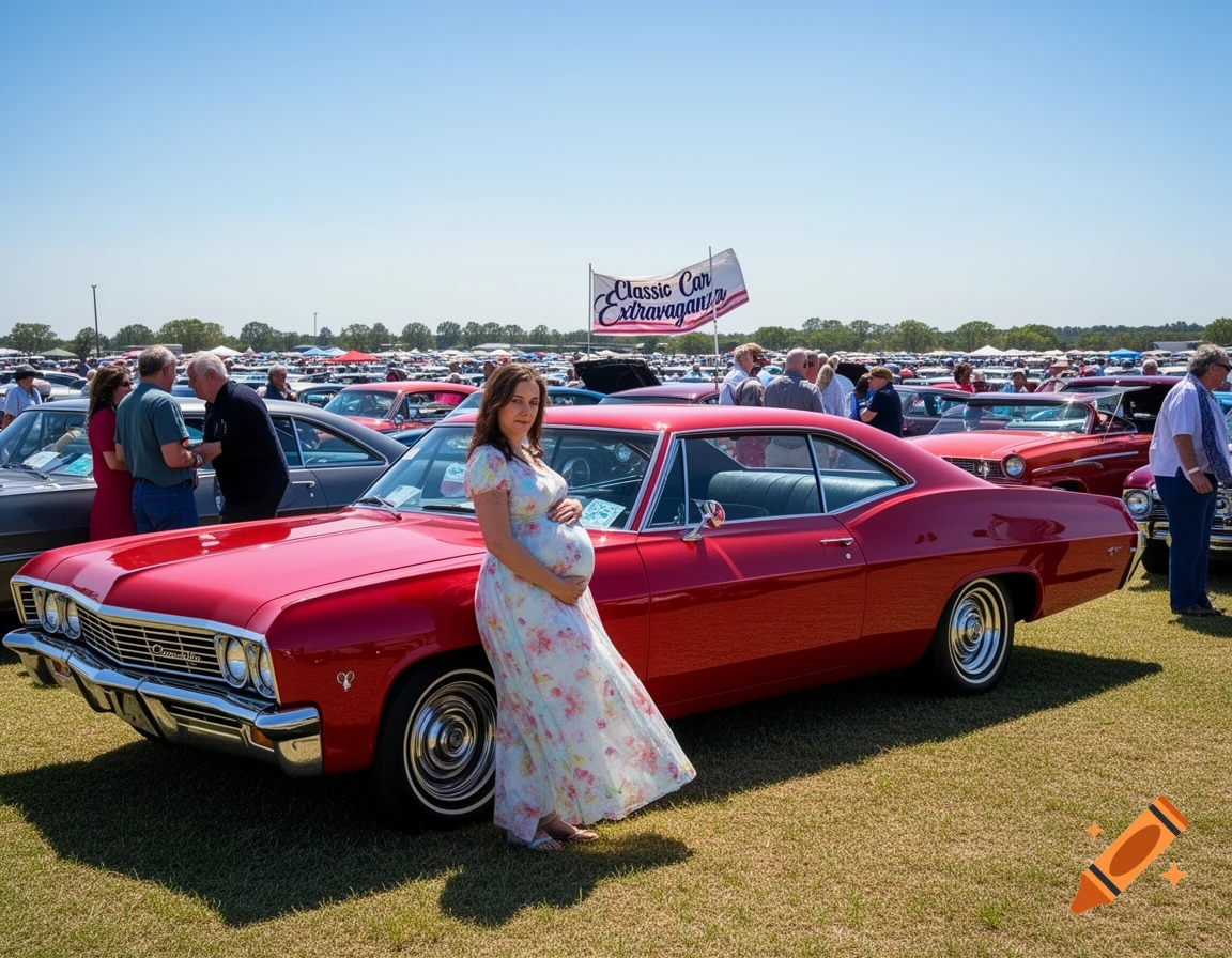 A pregnant woman in a floral dress leans on a red classic car at an outdoor car show under a clear blue sky.