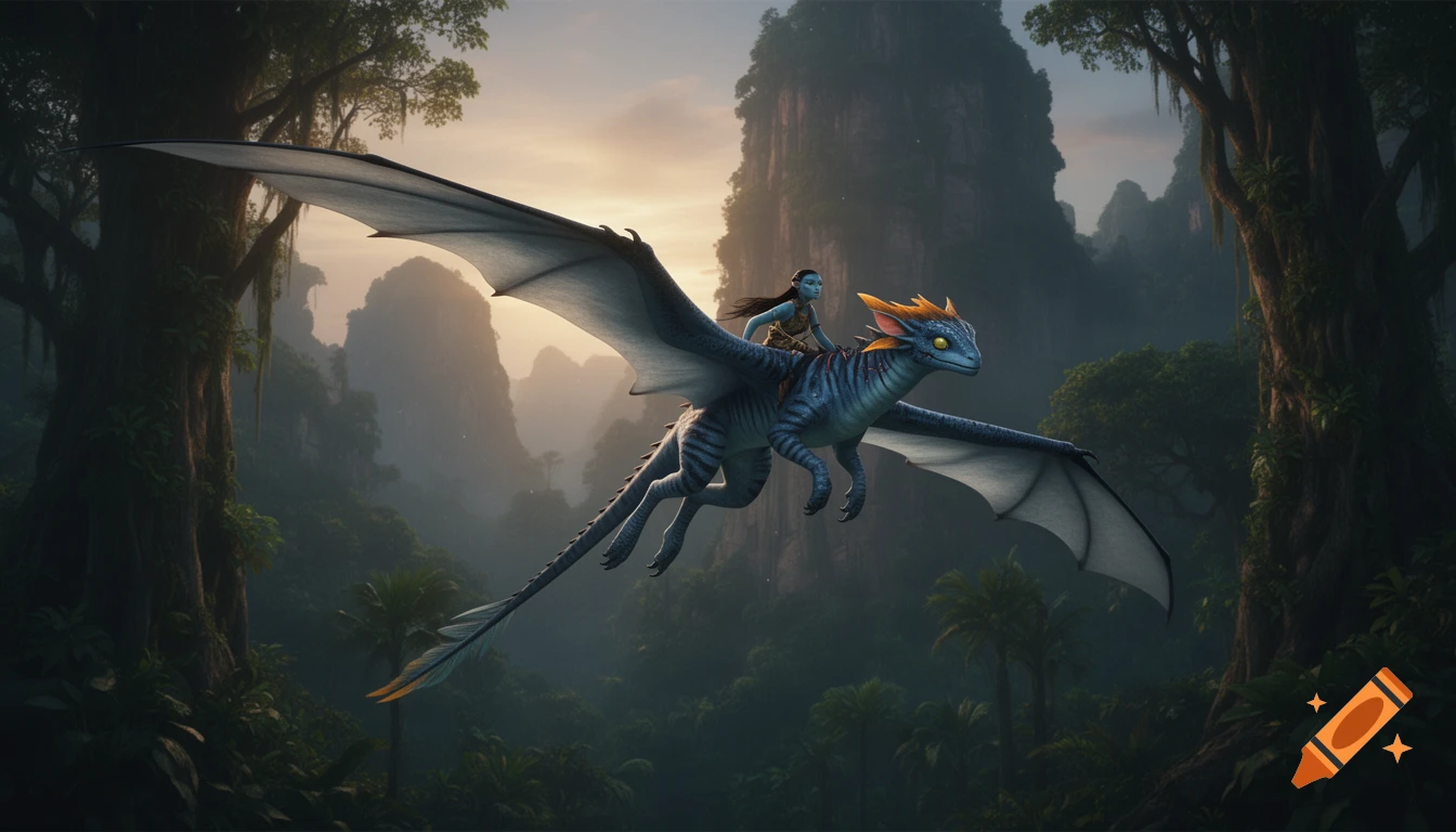 A blue Na'vi rider on a blue ikran flies over a misty jungle with mountains at sunset.