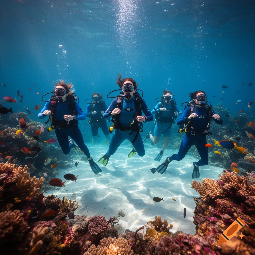 Four women in blue wetsuits and scuba gear swim underwater over a sandy seabed with vibrant coral and colorful fish.