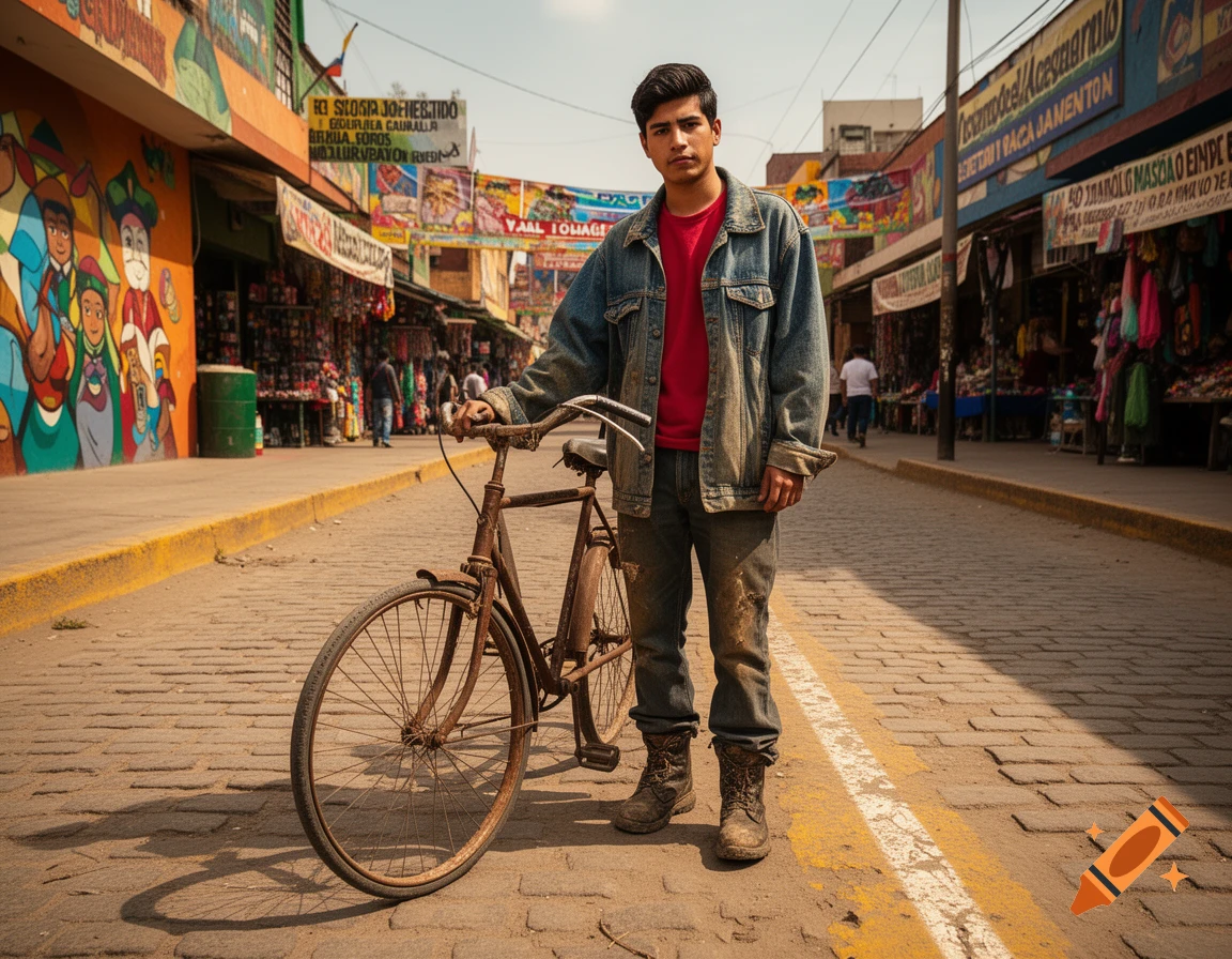 A young man with dark hair, wearing a red shirt, blue denim jacket, and jeans, stands next to a rusty old bicycle on a cobblestone street in a vibrant market.