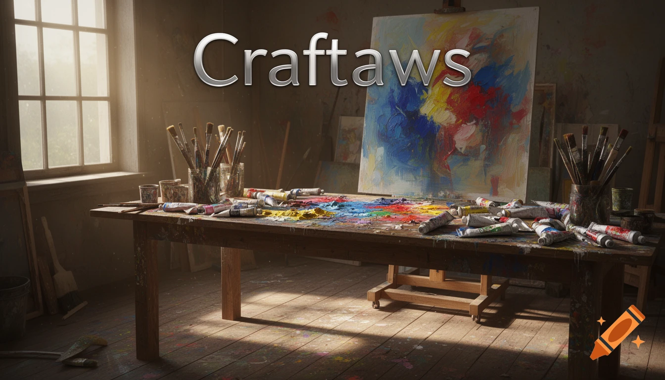 An artist's studio with a window, a table with paint tubes, brushes, and a colorful abstract painting. Text: Craftaws.