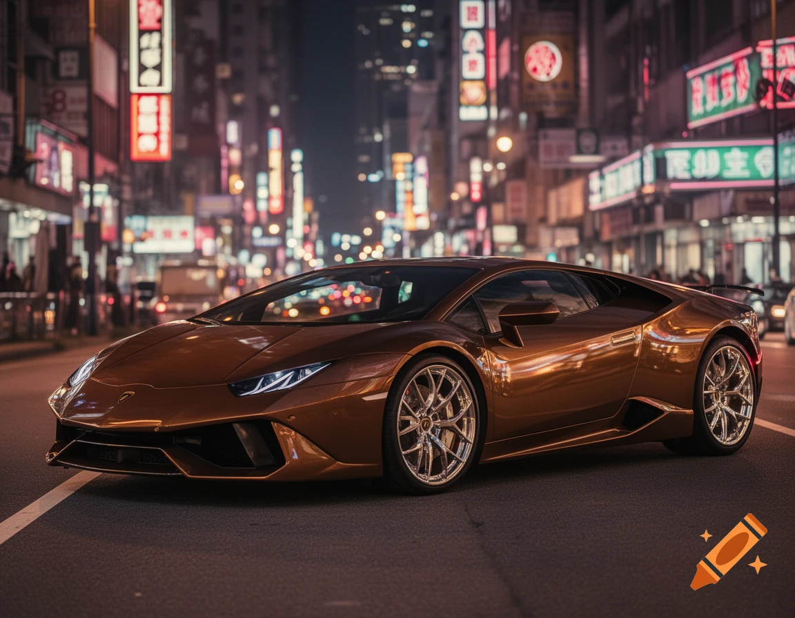 A gleaming brown Lamborghini sports car parked on a city street at night, illuminated by the glow of neon signs along the buildings.